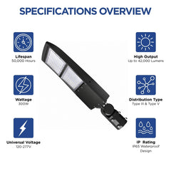 200W/240W/300W Selectable LED Parking Lot Light, Up to 42,000 Lumens, 5000K Daylight, Type III/Type V Distribution, 120-277V, 1,000W Metal Halide Equivalent, 0-10V Dimmable, IP65 Waterproof, Bronze Housing, UL & DLC Certified, 5-Year Warranty