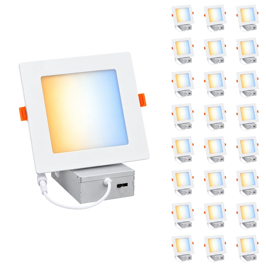 4-Inch Slim Square LED Recessed Downlight, 720 Lumens, 5CCT Selectable 2700K/3000K/3500K/4000K/5000K, Canless IC-Rated Ceiling Light with Junction Box, 9W TRIAC Dimmable Ultra-Thin Wafer Design, 18-27W MH/HPS Equivalent, 120V, 90+ CRI, 5-Year Warranty