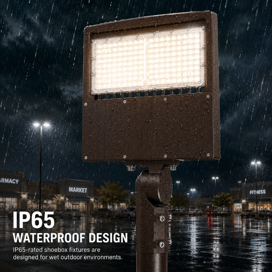 80W/100W/150W Selectable LED Parking Lot Light, Up to 21,000 Lumens, 5000K Daylight, Type III Distribution, 120-277V, 600W Metal Halide Equivalent, 0-10V Dimmable, IP65 Waterproof, Bronze Housing, UL & DLC Certified, 5-Year Warranty