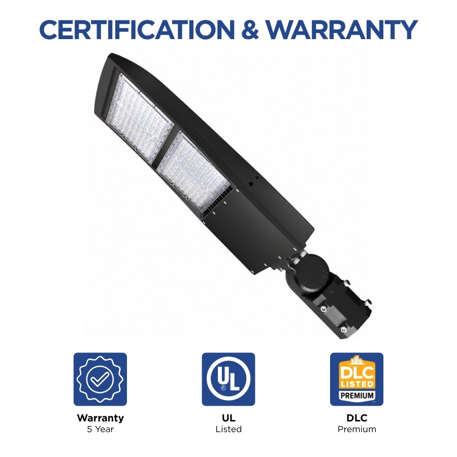200W/240W/300W Selectable LED Parking Lot Light, Up to 42,000 Lumens, 5000K Daylight, Type III/Type V Distribution, 120-277V, 1,000W Metal Halide Equivalent, 0-10V Dimmable, IP65 Waterproof, Bronze Housing, UL & DLC Certified, 5-Year Warranty