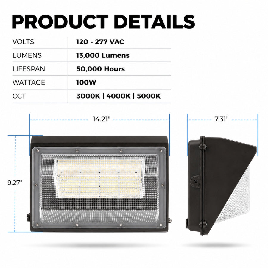 100W Semi-Cutoff LED Wall Pack Light, 13,000 Lumens, 400W Metal Halide Equivalent, 3000K/4000K/5000K CCT Selectable, Built-In Dusk-to-Dawn Photocell, 120-277V, 5-Year Warranty