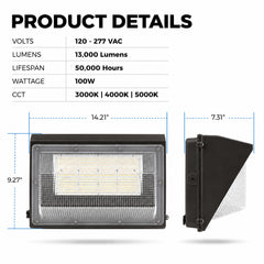 100W Semi-Cutoff LED Wall Pack Light, 13,000 Lumens, 400W Metal Halide Equivalent, 3000K/4000K/5000K CCT Selectable, Built-In Dusk-to-Dawn Photocell, 120-277V, 5-Year Warranty