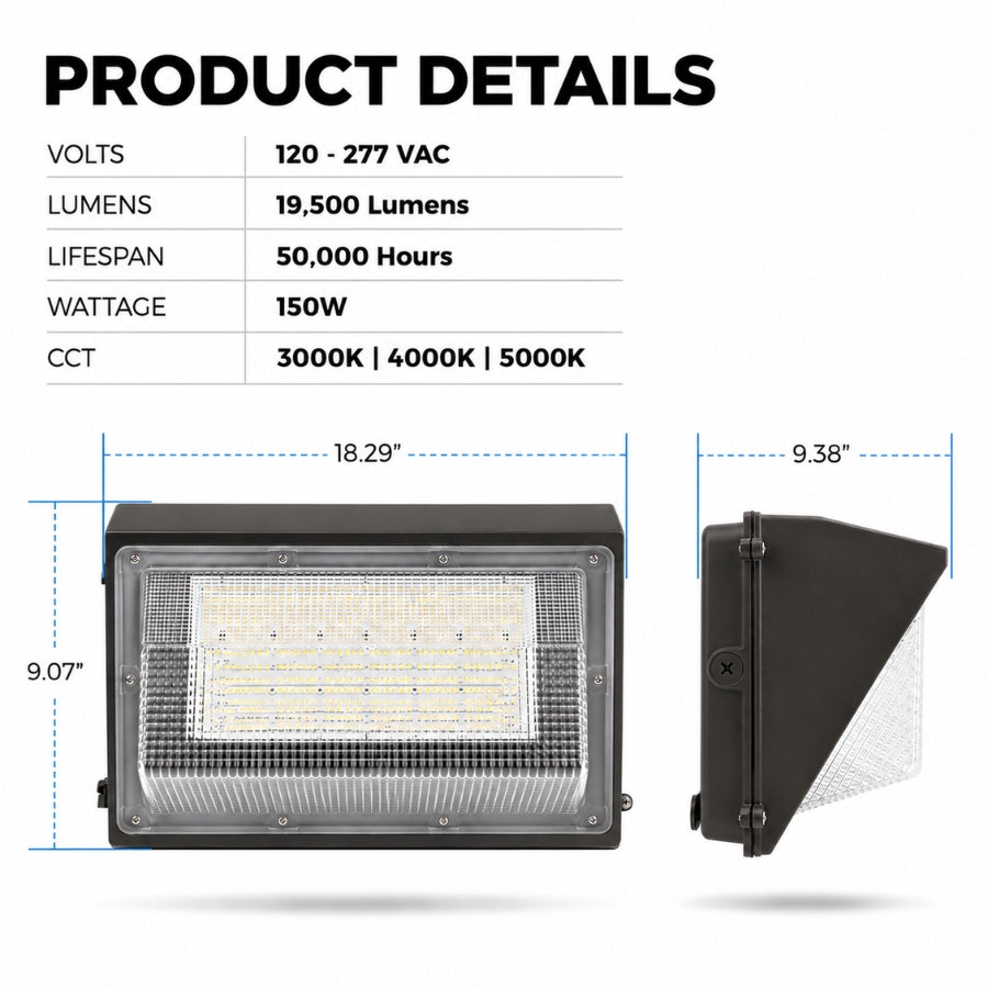150W Semi-Cutoff LED Wall Pack Light, 19,500 Lumens, 400W Metal Halide Equivalent, 3000K/4000K/5000K CCT Selectable, Built-In Dusk-to-Dawn Photocell, 120-277V, 5-Year Warranty