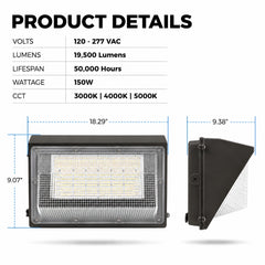 150W Semi-Cutoff LED Wall Pack Light, 19,500 Lumens, 400W Metal Halide Equivalent, 3000K/4000K/5000K CCT Selectable, Built-In Dusk-to-Dawn Photocell, 120-277V, 5-Year Warranty