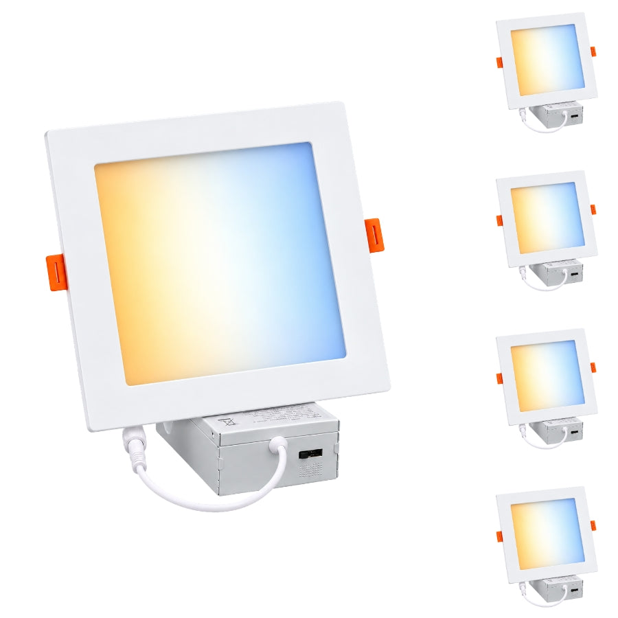 6-Inch Slim Square LED Recessed Downlight, 960 Lumens, 5CCT Selectable 2700K/3000K/3500K/4000K/5000K, Canless IC-Rated Ceiling Light with Junction Box, 12W TRIAC Dimmable Ultra-Thin Wafer Design, 27-36W MH/HPS Equivalent, 120V, 90+ CRI, 5-Year Warranty