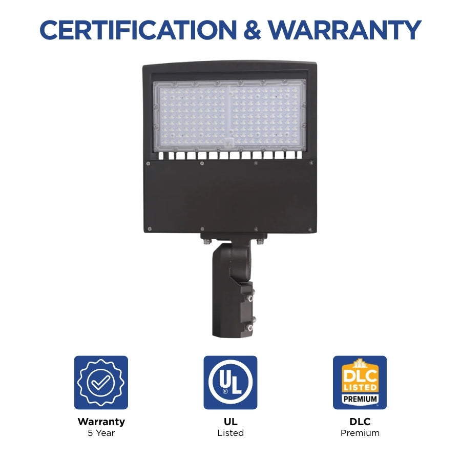 80W/100W/150W Selectable LED Parking Lot Light, Up to 21,000 Lumens, 5000K Daylight, Type III Distribution, 120-277V, 600W Metal Halide Equivalent, 0-10V Dimmable, IP65 Waterproof, Bronze Housing, UL & DLC Certified, 5-Year Warranty