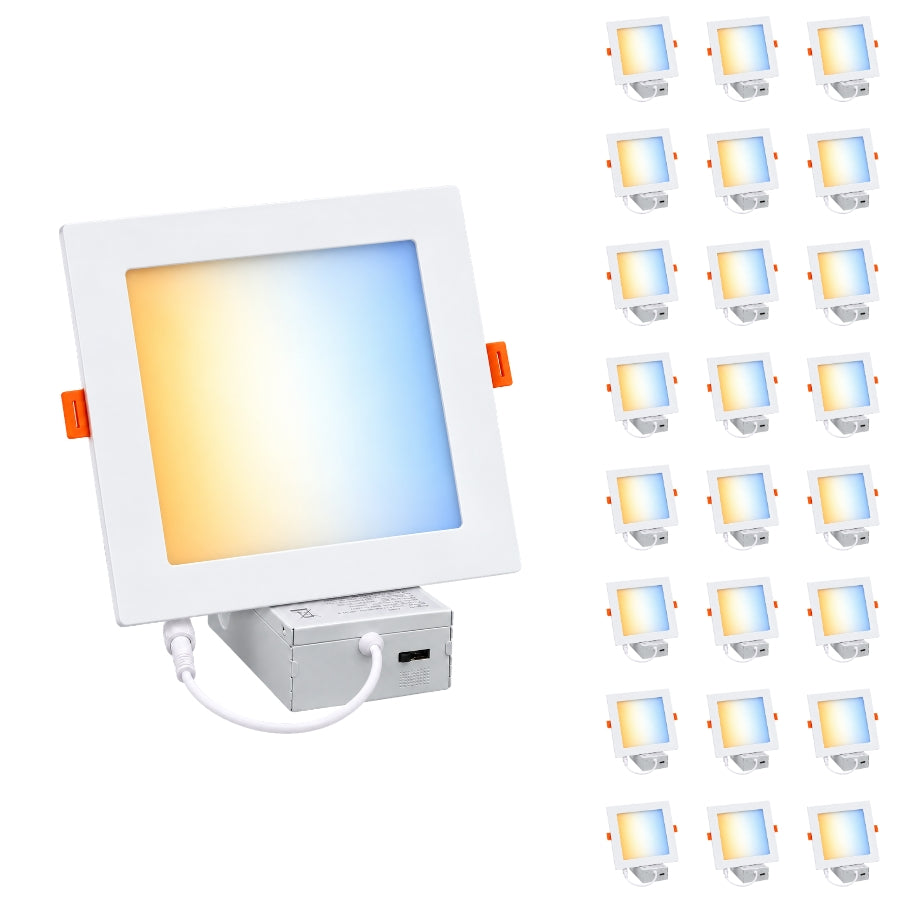 6-Inch Slim Square LED Recessed Downlight, 960 Lumens, 5CCT Selectable 2700K/3000K/3500K/4000K/5000K, Canless IC-Rated Ceiling Light with Junction Box, 12W TRIAC Dimmable Ultra-Thin Wafer Design, 27-36W MH/HPS Equivalent, 120V, 90+ CRI, 5-Year Warranty