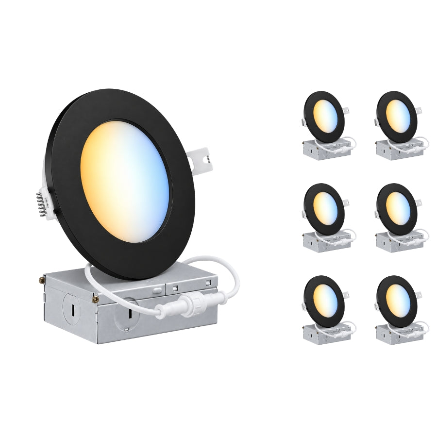 4-Inch Slim LED Recessed Downlight with Junction Box, 5CCT Selectable 2700K/3000K/3500K/4000K/5000K, 9W, 720 Lumens, 120V, TRIAC Dimmable, 90+ CRI, 120° Beam Angle, Black Metal Housing, Ultra-Thin Canless Wafer Design, ETL & cETL Listed