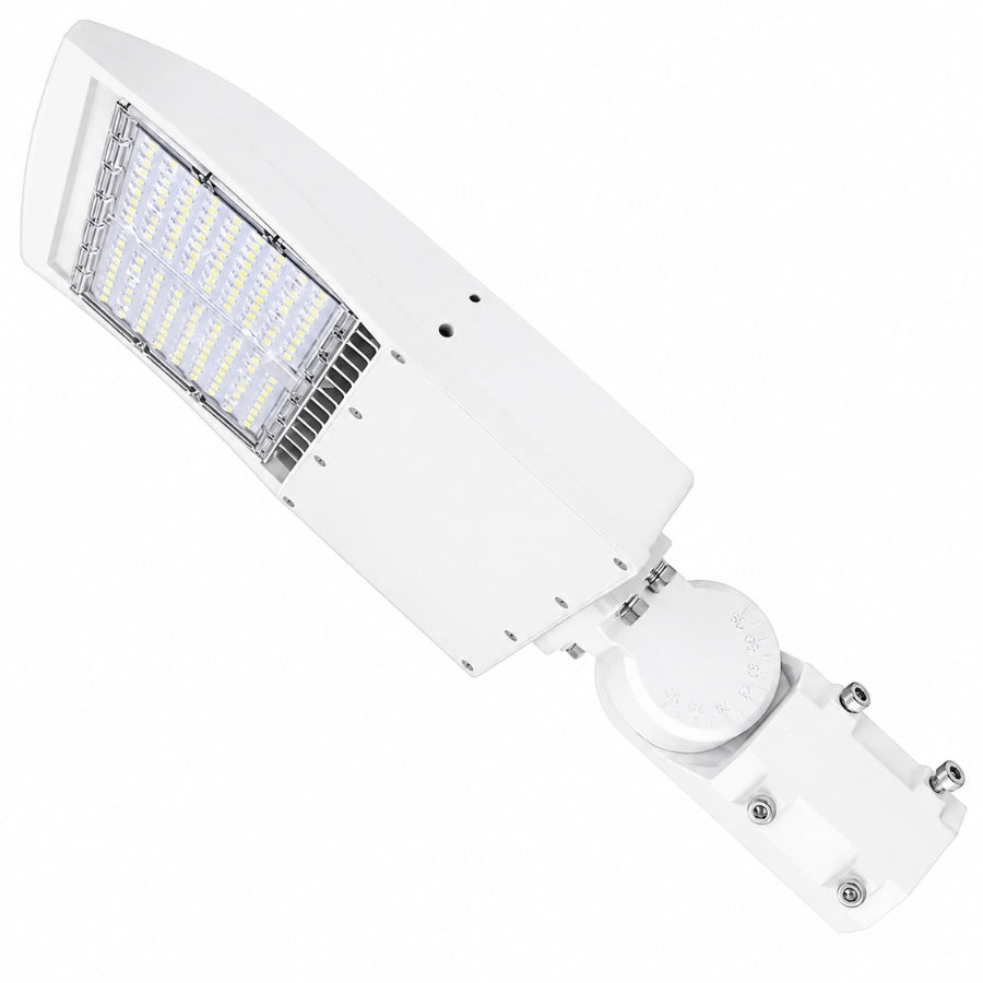 150W LED Parking Lot Light, 21,000 Lumens, 5000K Daylight, Type III/Type V Distribution, 120-277V, 600W Metal Halide Equivalent, Photocell Ready, 0-10V Dimmable, IP65 Waterproof, White Housing, UL & DLC Certified, 5-Year Warranty