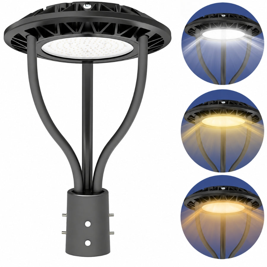 20W/30W/40W/60W CCT & Wattage Tunable Post Top LED Light, 3CCT 3000K/4000K/5000K, 130 LM/W, 120-277V AC, Built-In Photocell, 120° Beam, ETL/cETL & DLC Certified, IP65, 5-Year Warranty, Black Housing