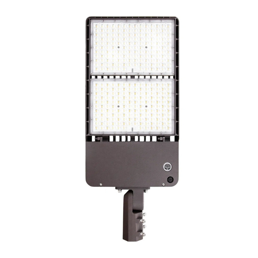 500W Max LED Shoebox Parking Lot Light, Up to 80,000 Lumens, 160 LM/W, 3000K/4000K/5000K CCT Selectable, Type III Distribution, 100-277V, 0-10V Dimmable, 1500W Metal Halide Equivalent, Bronze Housing, Slipfitter Mount, IP65, UL & DLC Certified