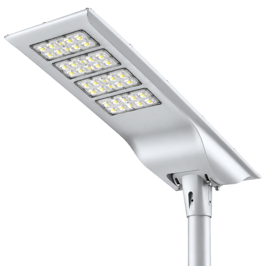 100W Solar LED Street Light, 10,000 Lumens, 5700K, LUXEON 3030 LEDs, 6V Monocrystalline Solar Panel, LiFePO4 Battery, Motion Sensor, Dusk-to-Dawn Light Control, 150°×65° Beam, IP66, Aluminum Housing, 60/76mm Pole Mount, 6-8M Mounting Height, Grey