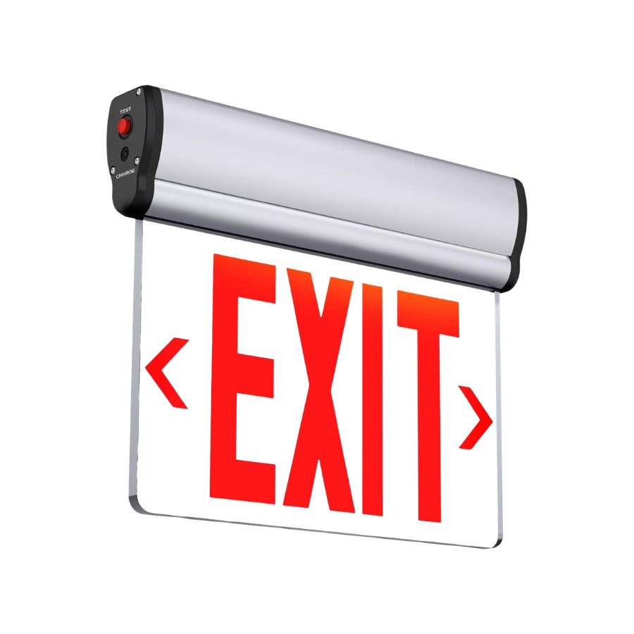 Edge-Lit LED Exit Sign with Emergency Battery Backup, Single-Face Red, Hardwired 120-277V AC, 120-Minute Emergency Runtime, Wall/Ceiling/Side Mount, Commercial Emergency Exit Lighting
