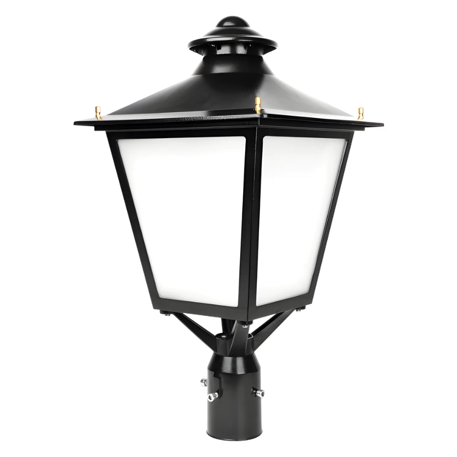 30W/50W/60W 3CCT Selectable Lantern Post Top LED Light, 3000K/4000K/5000K, 120 LM/W, 120-277V AC, 0-10V Dimming, 120° Beam Angle, UL/cUL & DLC Listed, IP65, Black Die-Cast Aluminum Housing, Slip-Fit Mount, 5-Year Warranty
