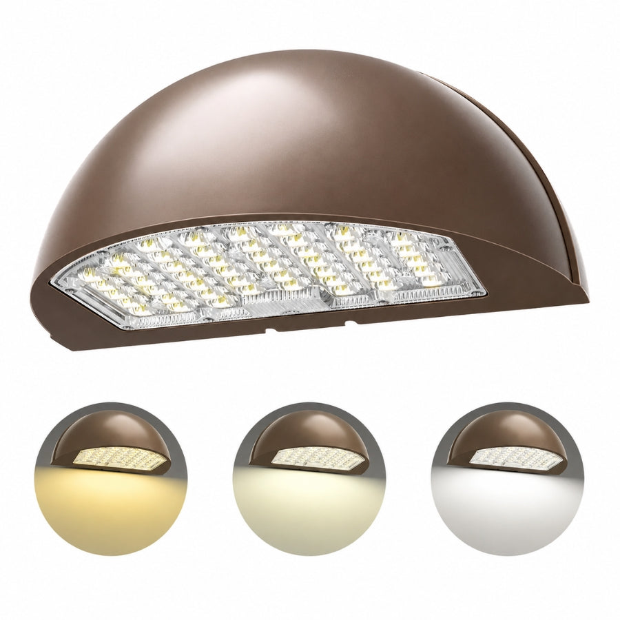 LED Half Moon Wall Pack Light, 3-Wattage Selectable (48W/64W/80W), Up to 10,800 Lumens, 3000K/4000K/5000K CCT Selectable, Up to 300W Metal Halide Equivalent, Built-In Dusk-to-Dawn Photocell, 120-347V, 5-Year Warranty