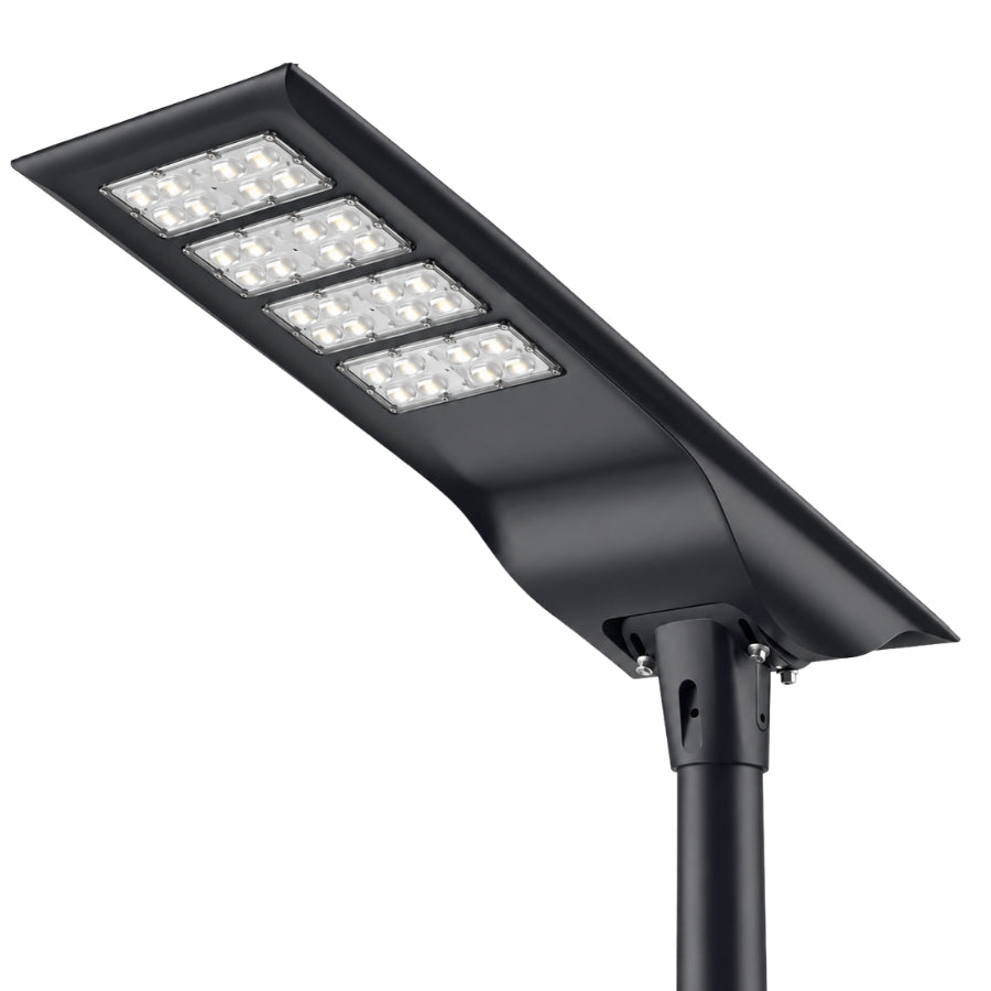 100W Solar LED Street Light, 10,000 Lumens, 5700K, LUXEON 3030 LEDs, 6V Monocrystalline Solar Panel, LiFePO4 Battery, Motion Sensor, Dusk-to-Dawn Light Control, 150°×65° Beam, IP66, Aluminum Housing, 60/76mm Pole Mount, 6-8M Mounting Height, Black