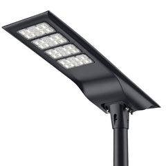 100W Solar LED Street Light, 10,000 Lumens, 5700K, LUXEON 3030 LEDs, 6V Monocrystalline Solar Panel, LiFePO4 Battery, Motion Sensor, Dusk-to-Dawn Light Control, 150°×65° Beam, IP66, Aluminum Housing, 60/76mm Pole Mount, 6-8M Mounting Height, Black