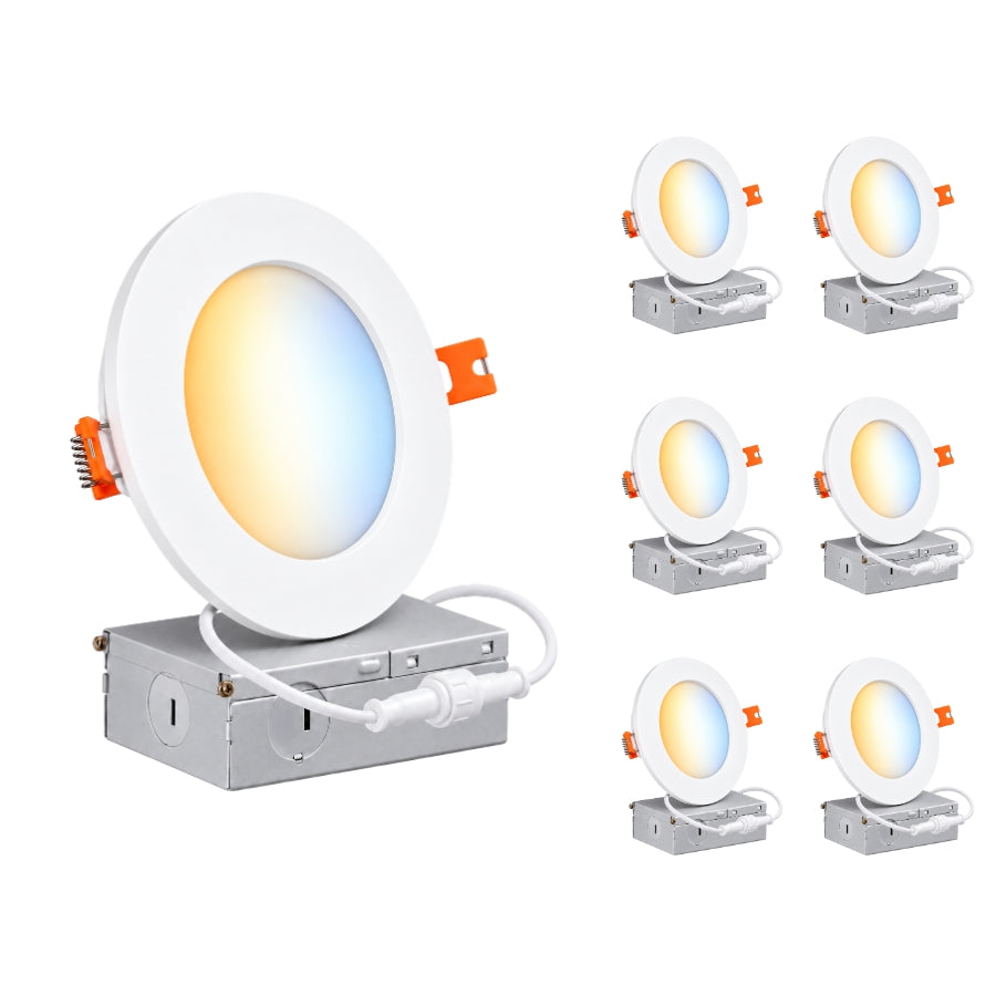 4-Inch Slim LED Recessed Downlight with Junction Box, 5CCT Selectable 2700K/3000K/3500K/4000K/5000K, 9W, 720LM, 120V, TRIAC Dimmable, 90+ CRI, White Aluminum Housing, Ultra-Thin Canless Wafer Design, 120° Beam Angle, ETL & cETL Listed