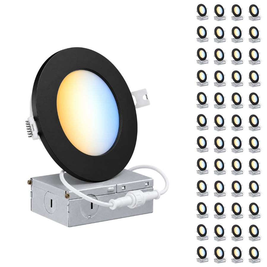 4-Inch Slim LED Recessed Downlight with Junction Box, 5CCT Selectable 2700K/3000K/3500K/4000K/5000K, 9W, 720 Lumens, 120V, TRIAC Dimmable, 90+ CRI, 120° Beam Angle, Black Metal Housing, Ultra-Thin Canless Wafer Design, ETL & cETL Listed