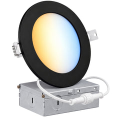 6-Inch Slim LED Recessed Downlight with Junction Box, 5CCT Selectable 2700K/3000K/3500K/4000K/5000K, 12W, 960 Lumens, 120V, TRIAC Dimmable, 90+ CRI, 120° Beam Angle, Black Metal Housing, Ultra-Thin Canless Wafer Design, ETL & cETL Listed