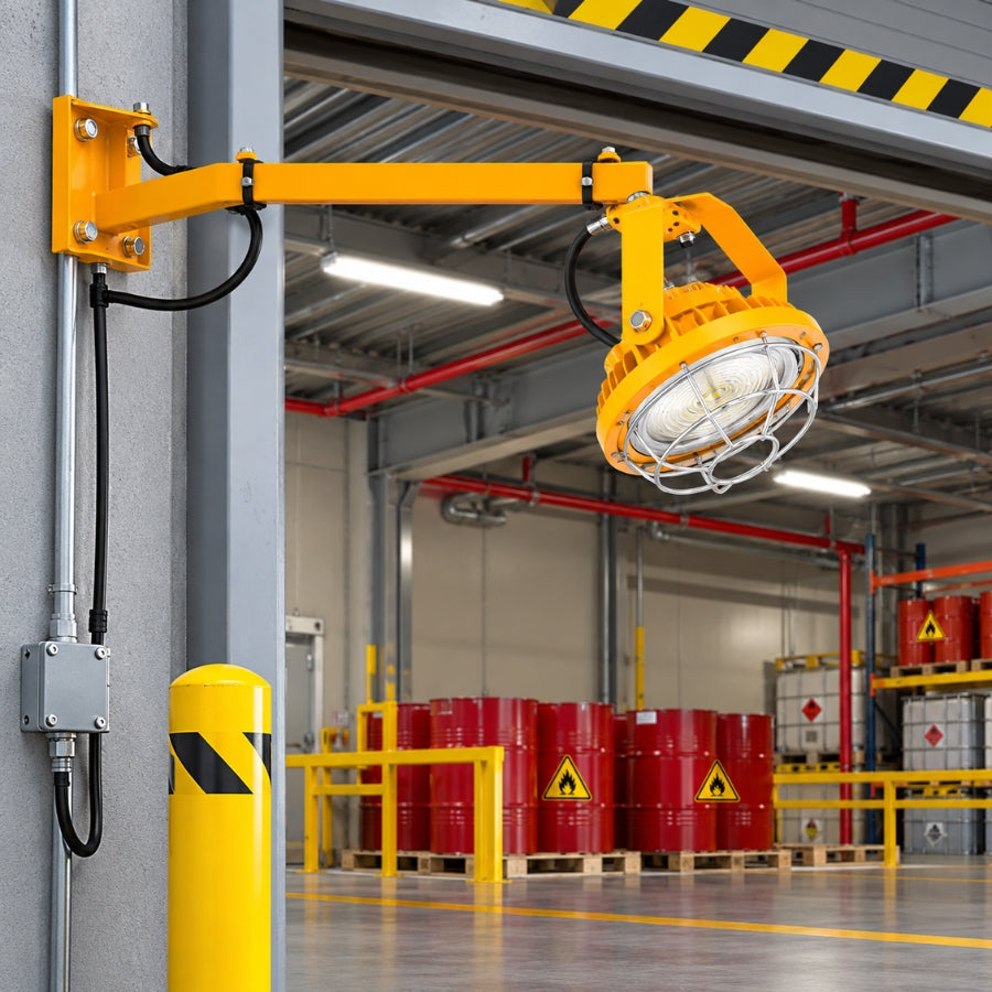 30W LED Loading Dock Light, Adjustable Steel Mounting Arms Up to 9FT, 5000K, 4,140 Lumens, 120-277V AC, 138LM/W, 110° Beam Angle, IP65, UL/DLC Listed, Die-Cast Aluminum Housing, Tempered Glass Lens, Wall Mount