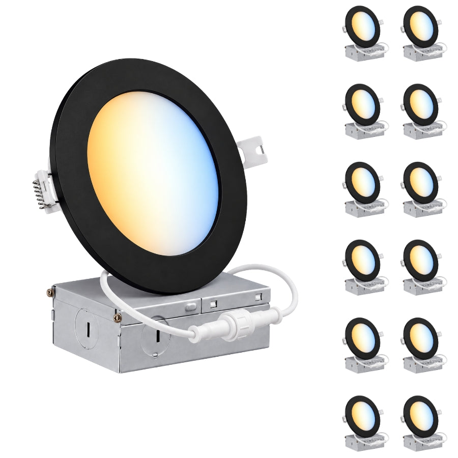 6-Inch Slim LED Recessed Downlight with Junction Box, 5CCT Selectable 2700K/3000K/3500K/4000K/5000K, 12W, 960 Lumens, 120V, TRIAC Dimmable, 90+ CRI, 120° Beam Angle, Black Metal Housing, Ultra-Thin Canless Wafer Design, ETL & cETL Listed