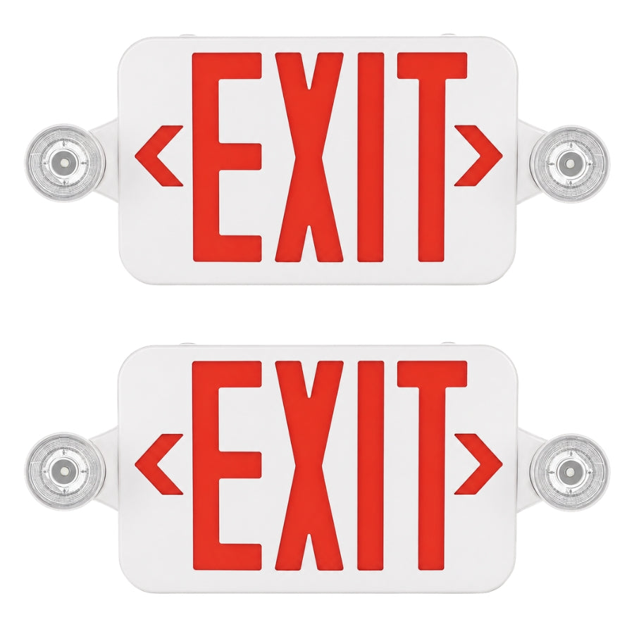 Red LED Exit Sign with Emergency Lights & Battery Backup, 120-277V AC, Wall/Ceiling Mount, Dual Adjustable LED Heads, 90-Minute Emergency Backup, Fire-Resistant Housing, UL 924 Listed, Commercial Emergency Lighting