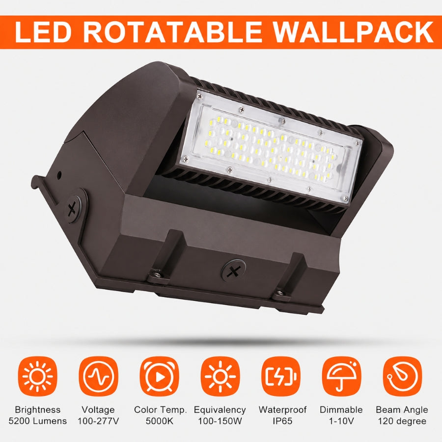 40W Rotatable LED Wall Pack Light, 5,400 Lumens, 200W Metal Halide Equivalent, 350° Adjustable Optics, 120-277V, DLC Premium, 5-Year Warranty