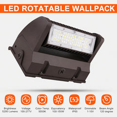 40W Rotatable LED Wall Pack Light, 5,400 Lumens, 200W Metal Halide Equivalent, 350° Adjustable Optics, 120-277V, DLC Premium, 5-Year Warranty