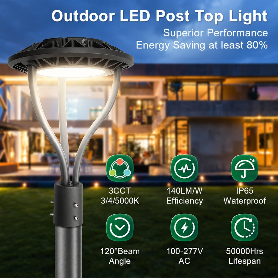 80W/100W/120W/150W CCT & Wattage Tunable Post Top LED Light, 3CCT 3000K/4000K/5000K, 130 LM/W, 120-277V AC, Built-In Photocell, 120° Beam, ETL/cETL & DLC Certified, IP65, 5-Year Warranty, Black Housing