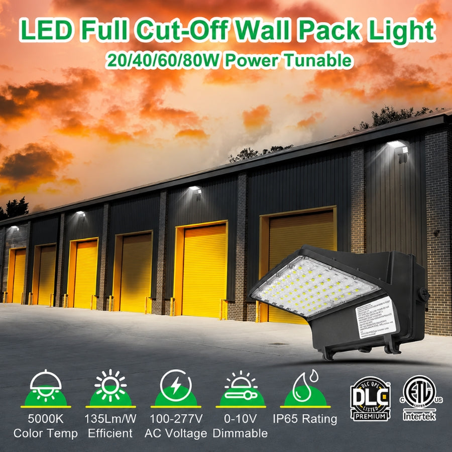 Full Cutoff LED Wall Pack Light, 4-Wattage Selectable (20W/40W/60W/80W), Up to 10,400 Lumens, Up to 250W Metal Halide Equivalent, 3000K/4000K/5000K CCT Selectable, Built-In Dusk-to-Dawn Photocell, 120-347V, 5-Year Warranty