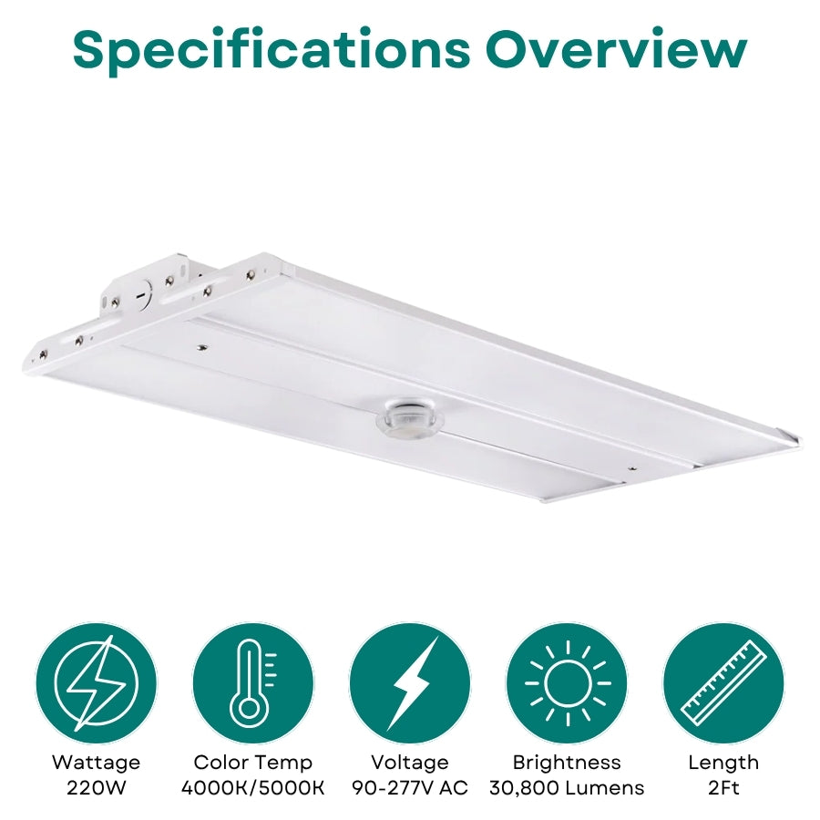 2FT LED Linear High Bay Light, 110W/165W/220W Selectable, 4000K/5000K CCT Tunable, Up to 30,800 Lumens, 140 LM/W, Philips LED Chips, UL Driver, 0-10V Dimmable, 90-277V, Sensor Ready, 700W Metal Halide Equivalent