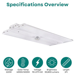 2FT LED Linear High Bay Light, 110W/165W/220W Selectable, 4000K/5000K CCT Tunable, Up to 30,800 Lumens, 140 LM/W, Philips LED Chips, UL Driver, 0-10V Dimmable, 90-277V, Sensor Ready, 700W Metal Halide Equivalent