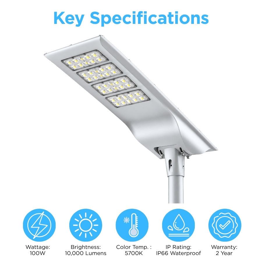 100W Solar LED Street Light, 10,000 Lumens, 5700K, LUXEON 3030 LEDs, 6V Monocrystalline Solar Panel, LiFePO4 Battery, Motion Sensor, Dusk-to-Dawn Light Control, 150°×65° Beam, IP66, Aluminum Housing, 60/76mm Pole Mount, 6-8M Mounting Height, Grey