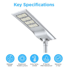 100W Solar LED Street Light, 10,000 Lumens, 5700K, LUXEON 3030 LEDs, 6V Monocrystalline Solar Panel, LiFePO4 Battery, Motion Sensor, Dusk-to-Dawn Light Control, 150°×65° Beam, IP66, Aluminum Housing, 60/76mm Pole Mount, 6-8M Mounting Height, Grey