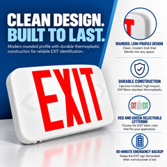 LED Exit Sign with Emergency Battery Backup, Red/Green Letters, Hardwired 120-277V AC, 90-Minute Backup, Double-Face Commercial Exit Light, Wall/Ceiling/Side Mount, UL 924 Listed