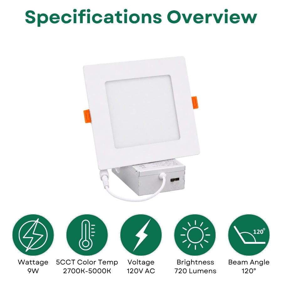 4-Inch Slim Square LED Recessed Downlight, 720 Lumens, 5CCT Selectable 2700K/3000K/3500K/4000K/5000K, Canless IC-Rated Ceiling Light with Junction Box, 9W TRIAC Dimmable Ultra-Thin Wafer Design, 18-27W MH/HPS Equivalent, 120V, 90+ CRI, 5-Year Warranty