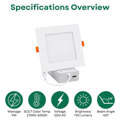 4-Inch Slim Square LED Recessed Downlight, 720 Lumens, 5CCT Selectable 2700K/3000K/3500K/4000K/5000K, Canless IC-Rated Ceiling Light with Junction Box, 9W TRIAC Dimmable Ultra-Thin Wafer Design, 18-27W MH/HPS Equivalent, 120V, 90+ CRI, 5-Year Warranty