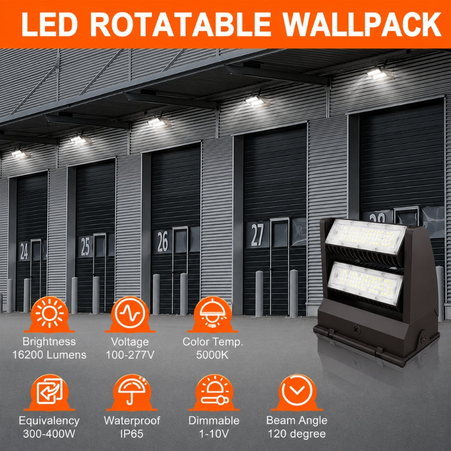120W Rotatable LED Wall Pack Light, 16,200 Lumens, 400W Metal Halide Equivalent, 350° Adjustable Optics, 120-277V, DLC Premium, 5-Year Warranty