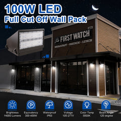 100W Full Cutoff LED Wall Pack Light, 14,000 Lumens, 400W Metal Halide Equivalent, 3000K/4000K/5000K CCT Selectable, Built-In Dusk-to-Dawn Photocell, 120-277V, DLC Premium, 5-Year Warranty
