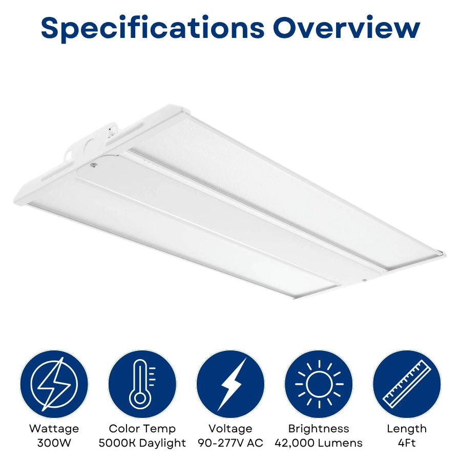 4FT LED Linear High Bay Light, 300W, 42,000 Lumens, 5000K Daylight, Philips LED Chips, UL Driver, 0-10V Dimmable, 90-277V, 50,000-Hour Lifespan, Commercial Warehouse & Industrial Lighting