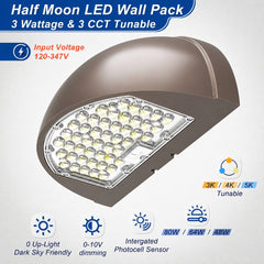 LED Half Moon Wall Pack Light, 3-Wattage Selectable (48W/64W/80W), Up to 10,800 Lumens, 3000K/4000K/5000K CCT Selectable, Up to 300W Metal Halide Equivalent, Built-In Dusk-to-Dawn Photocell, 120-347V, 5-Year Warranty