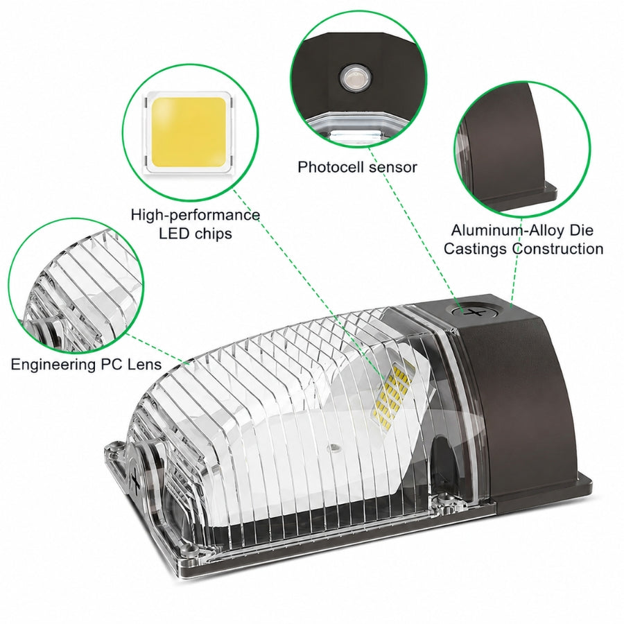 26W LED Mini Wall Pack Light, 3,588 Lumens, 90W Metal Halide Equivalent, 3000K/4000K/5000K CCT Selectable, Built-In Dusk-to-Dawn Photocell, 120-277V, DLC Premium, 5-Year Warranty