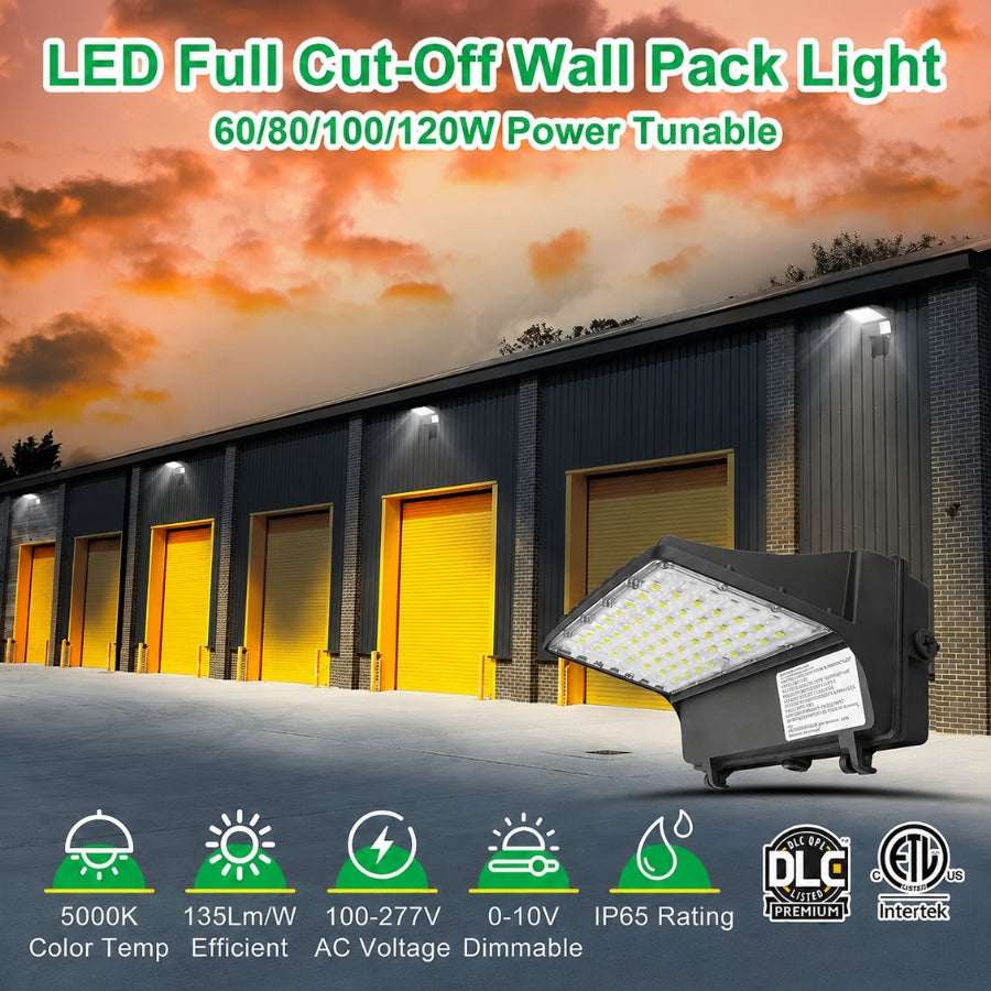 Full Cutoff LED Wall Pack Light, 4-Wattage Selectable (60W/80W/100W/120W), Up to 15,600 Lumens, Up to 400W Metal Halide Equivalent, 3000K/4000K/5000K CCT Selectable, Built-In Dusk-to-Dawn Photocell, 120-347V, 5-Year Warranty