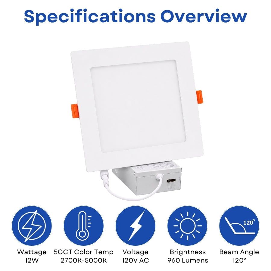 6-Inch Slim Square LED Recessed Downlight, 960 Lumens, 5CCT Selectable 2700K/3000K/3500K/4000K/5000K, Canless IC-Rated Ceiling Light with Junction Box, 12W TRIAC Dimmable Ultra-Thin Wafer Design, 27-36W MH/HPS Equivalent, 120V, 90+ CRI, 5-Year Warranty