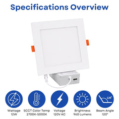 6-Inch Slim Square LED Recessed Downlight, 960 Lumens, 5CCT Selectable 2700K/3000K/3500K/4000K/5000K, Canless IC-Rated Ceiling Light with Junction Box, 12W TRIAC Dimmable Ultra-Thin Wafer Design, 27-36W MH/HPS Equivalent, 120V, 90+ CRI, 5-Year Warranty