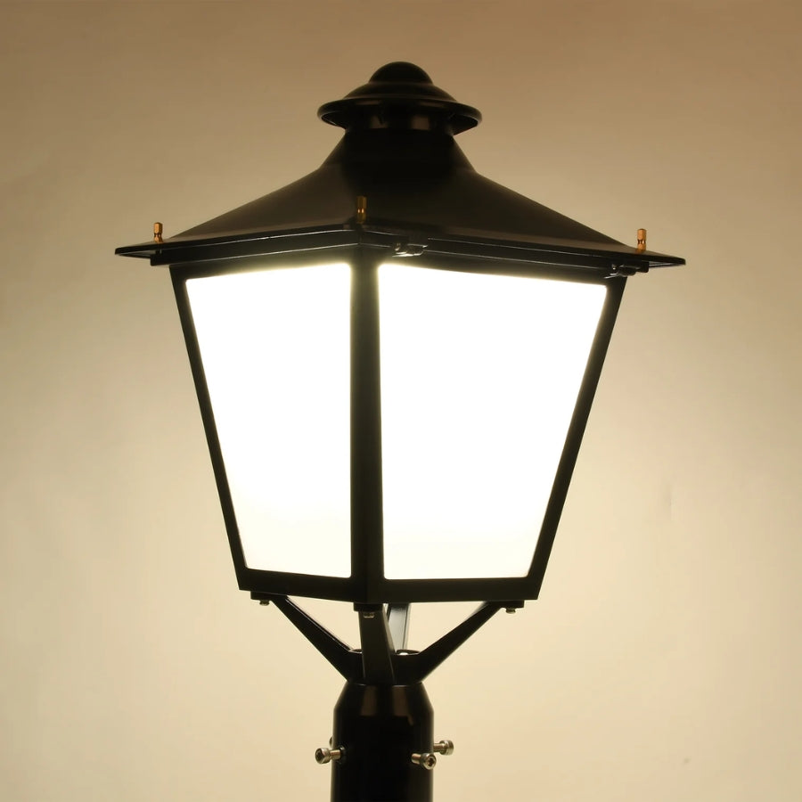 30W/50W/60W 3CCT Selectable Lantern Post Top LED Light, 3000K/4000K/5000K, 120 LM/W, 120-277V AC, 0-10V Dimming, 120° Beam Angle, UL/cUL & DLC Listed, IP65, Black Die-Cast Aluminum Housing, Slip-Fit Mount, 5-Year Warranty