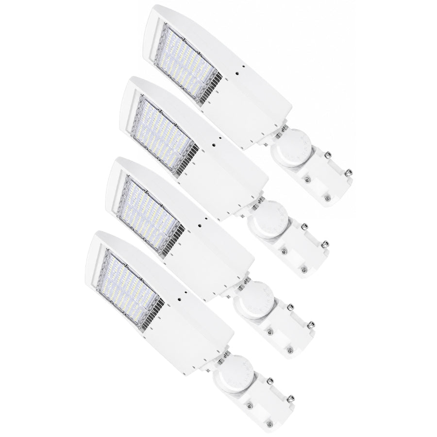 150W LED Parking Lot Light, 21,000 Lumens, 5000K Daylight, Type III/Type V Distribution, 120-277V, 600W Metal Halide Equivalent, Photocell Ready, 0-10V Dimmable, IP65 Waterproof, White Housing, UL & DLC Certified, 5-Year Warranty