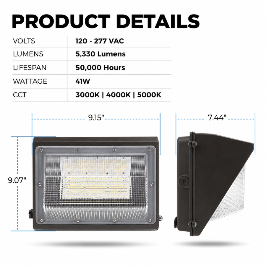 41W Semi-Cutoff LED Wall Pack Light, 5,330 Lumens, 175W Metal Halide Equivalent, 3000K/4000K/5000K CCT Selectable, Built-In Dusk-to-Dawn Photocell, 120-277V, 5-Year Warranty