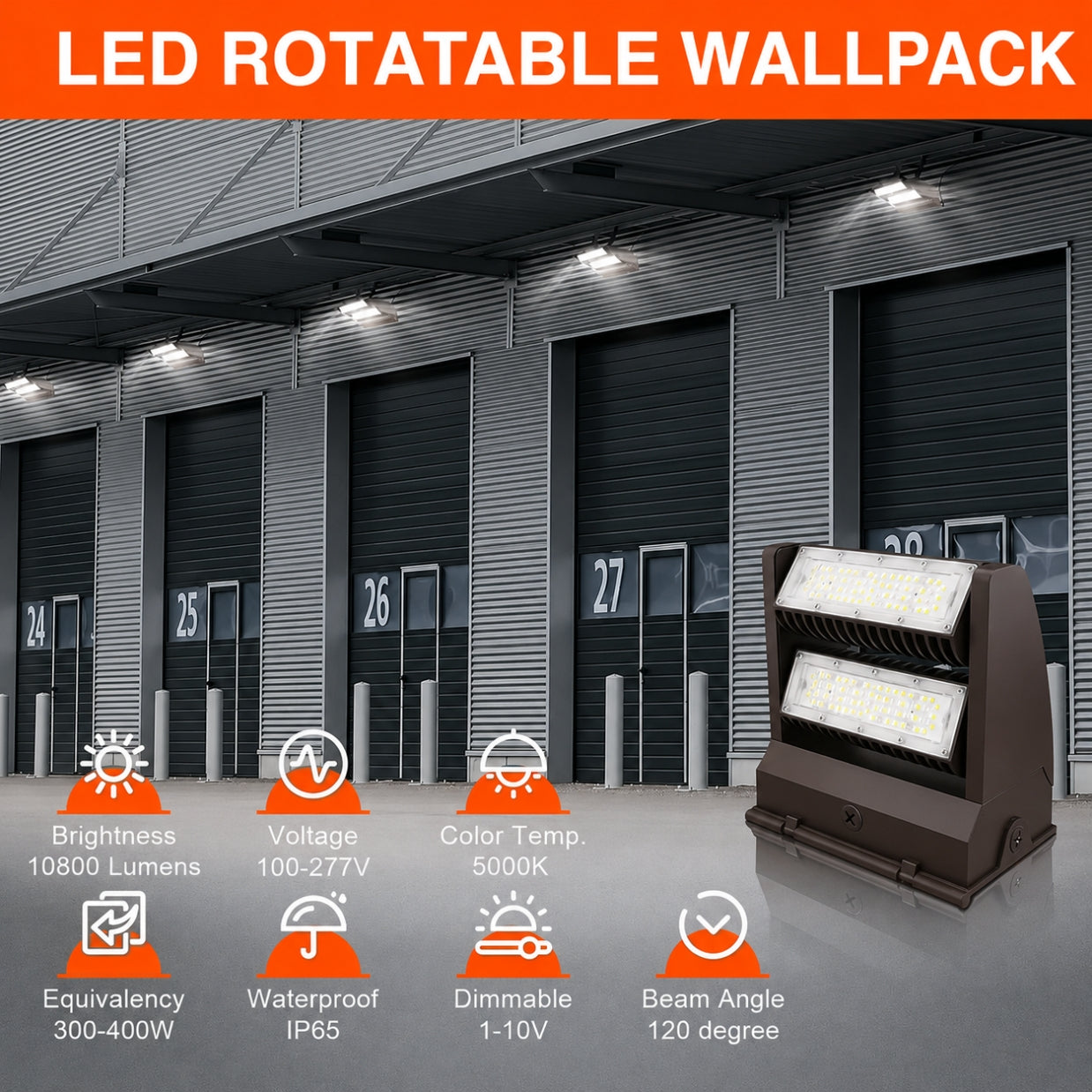 80W Rotatable LED Wall Pack Light, 10,800 Lumens, 250W Metal Halide Equivalent, 350° Adjustable Optics, 120-277V, DLC Premium, 5-Year Warranty